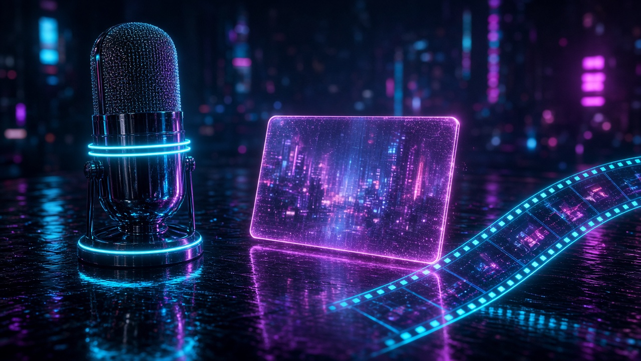 A chrome microphone, a glowing card, and a strip of light on black glass.